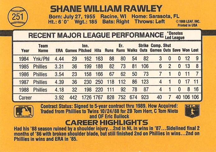 Shane Rawley  baseball card collectible - Main Image 2