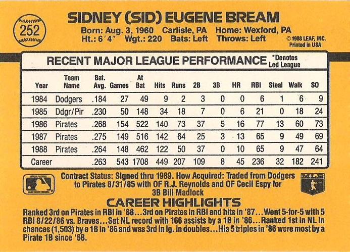 Sid Bream  baseball card collectible - Main Image 2