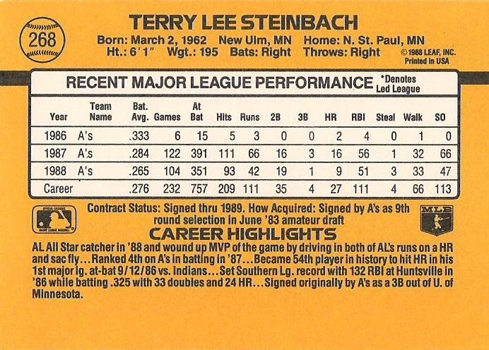 Terry Steinbach  baseball card collectible - Main Image 2