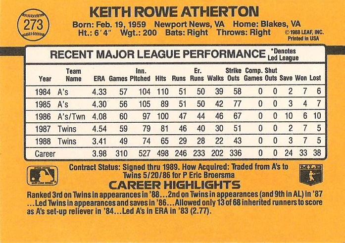 Keith Atherton  baseball card collectible - Main Image 2