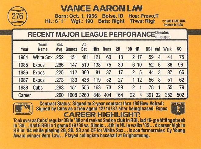 Vance Law  baseball card collectible - Main Image 2