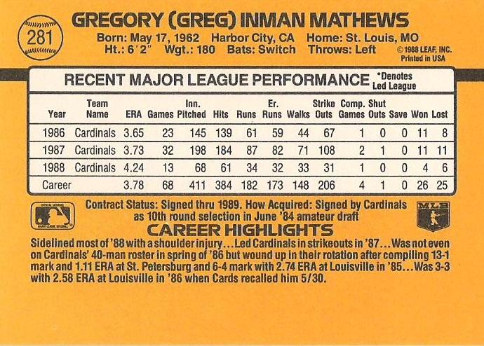 Greg Mathews  baseball card collectible - Main Image 2