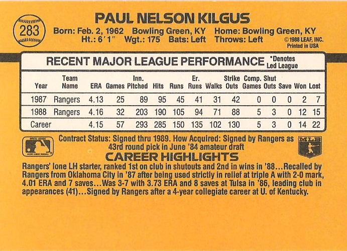 Paul Kilgus  baseball card collectible - Main Image 2