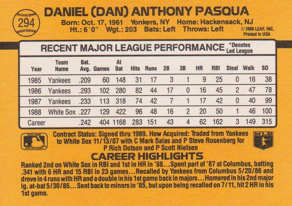 Dan Pasqua  baseball card collectible - Main Image 2
