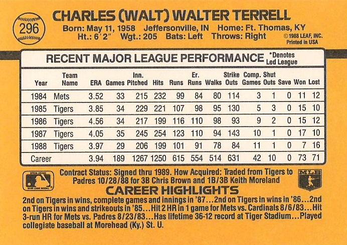 Walt Terrell  baseball card collectible - Main Image 2