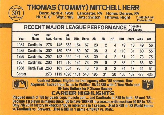 Tommy Herr  baseball card collectible - Main Image 2