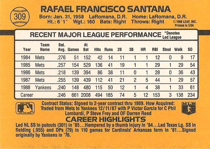 Rafael Santana  baseball card collectible - Main Image 2