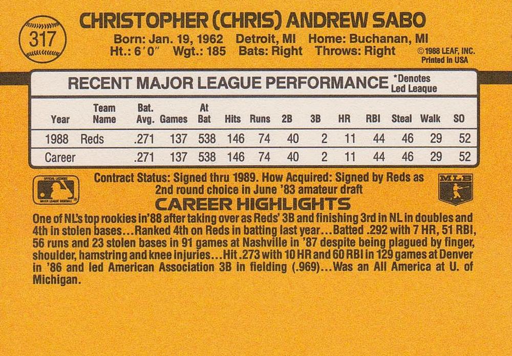 Chris Sabo  baseball card collectible - Main Image 2