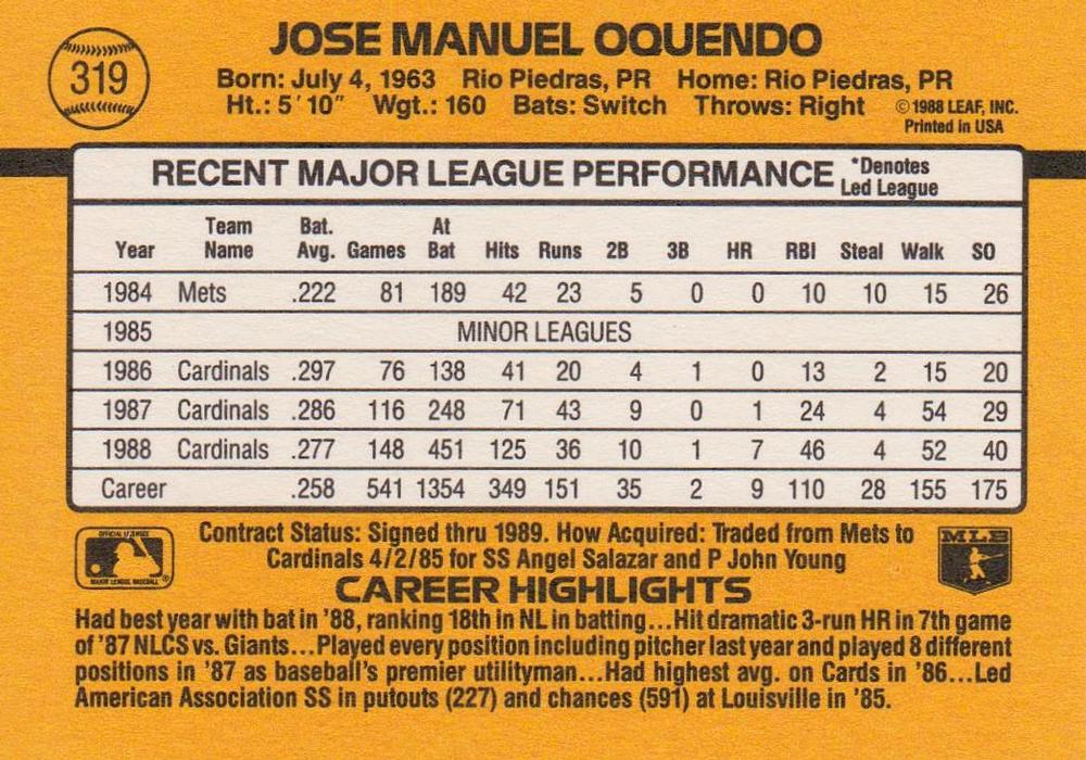 Jose Oquendo  baseball card collectible - Main Image 2