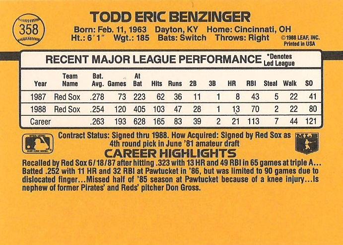 Todd Benzinger  baseball card collectible - Main Image 2
