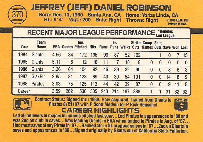 Jeff Robinson  baseball card collectible - Main Image 2
