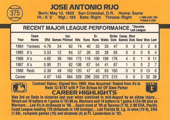 Jose Rijo  baseball card collectible - Main Image 2