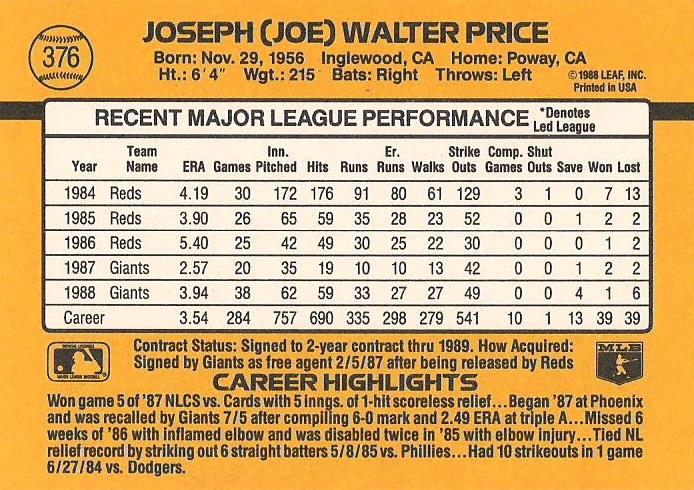 Joe Price  baseball card collectible - Main Image 2