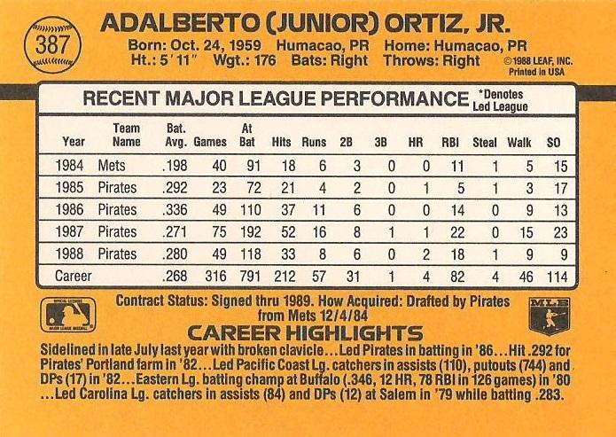 Junior Ortiz  baseball card collectible - Main Image 2