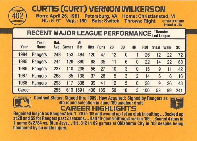 Curtis Wilkerson  baseball card collectible - Main Image 2