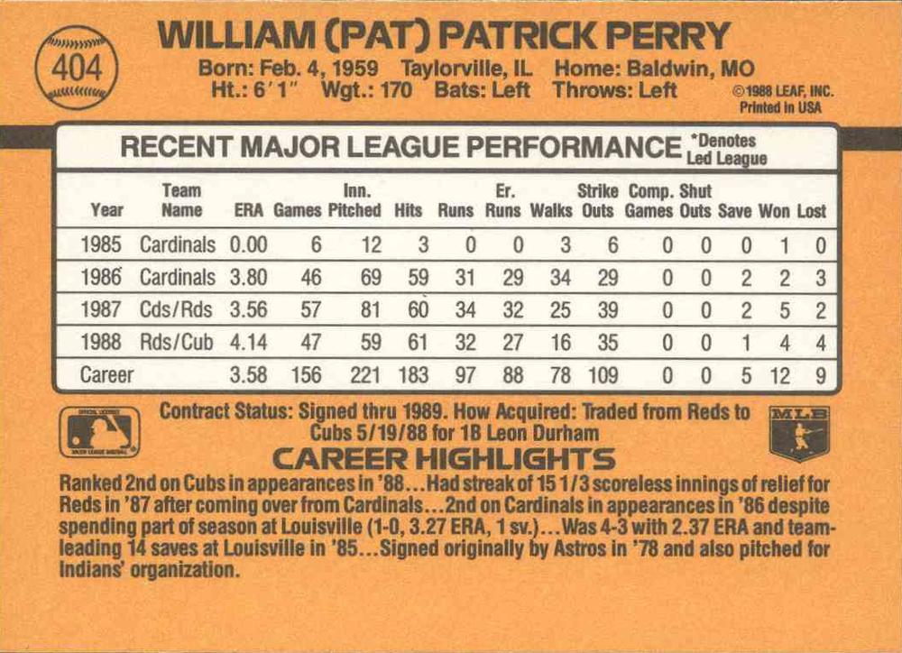 Pat Perry  baseball card collectible - Main Image 2