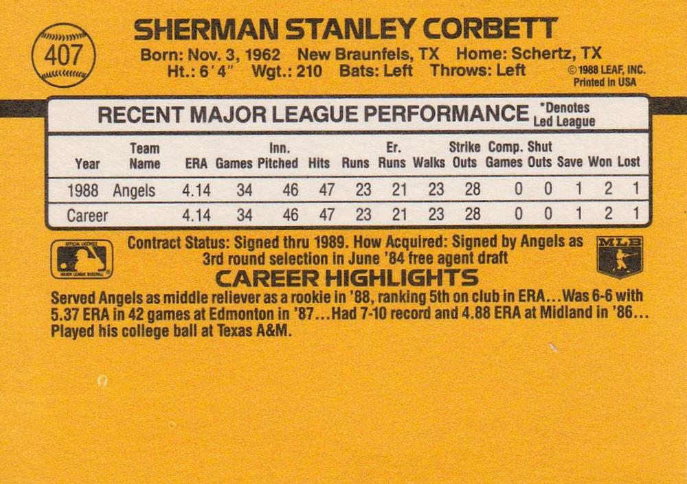 Sherman Corbett  baseball card collectible - Main Image 2