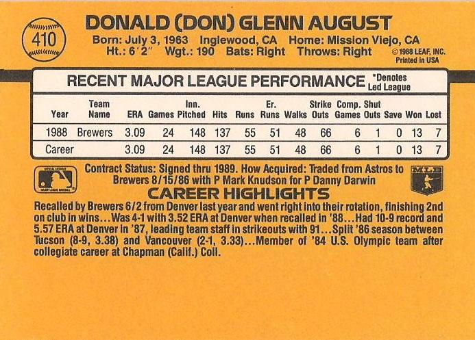Don August  baseball card collectible - Main Image 2