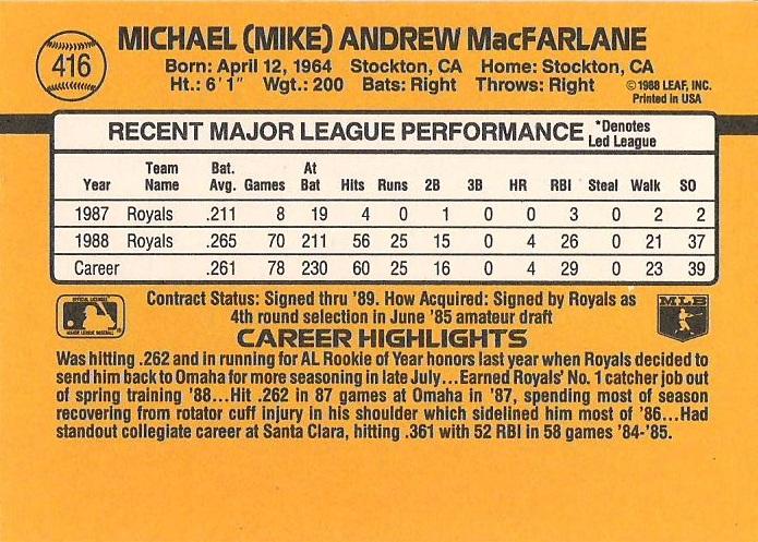 Mike Macfarlane  baseball card collectible - Main Image 2