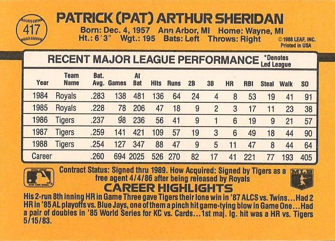 Pat Sheridan  baseball card collectible - Main Image 2