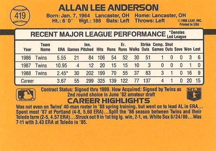 Allan Anderson  baseball card collectible - Main Image 2