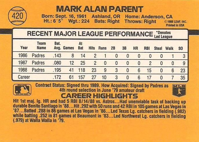 Mark Parent  baseball card collectible - Main Image 2
