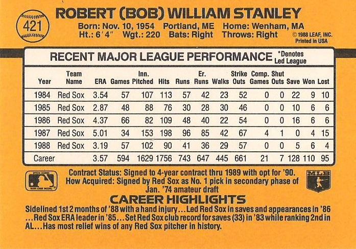 Bob Stanley  baseball card collectible - Main Image 2