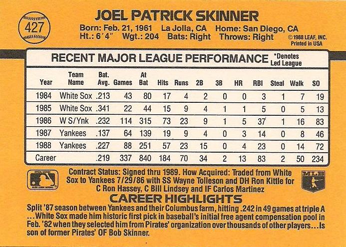 Joel Skinner  baseball card collectible - Main Image 2