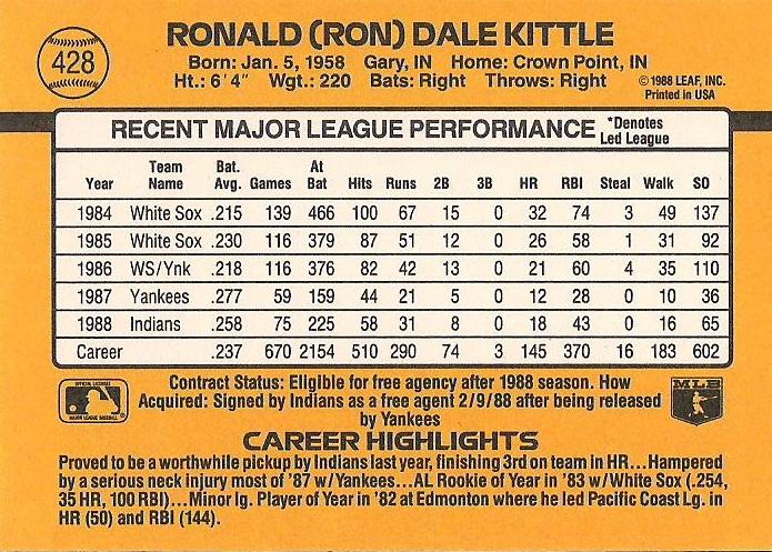 Ron Kittle  baseball card collectible - Main Image 2