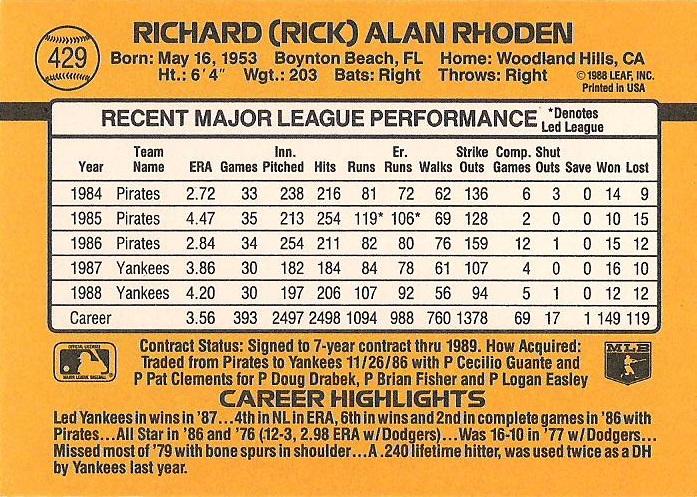 Rick Rhoden  baseball card collectible - Main Image 2