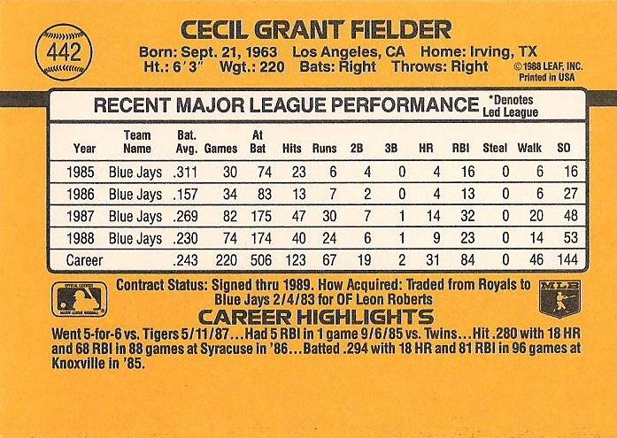Cecil Fielder  baseball card collectible - Main Image 2