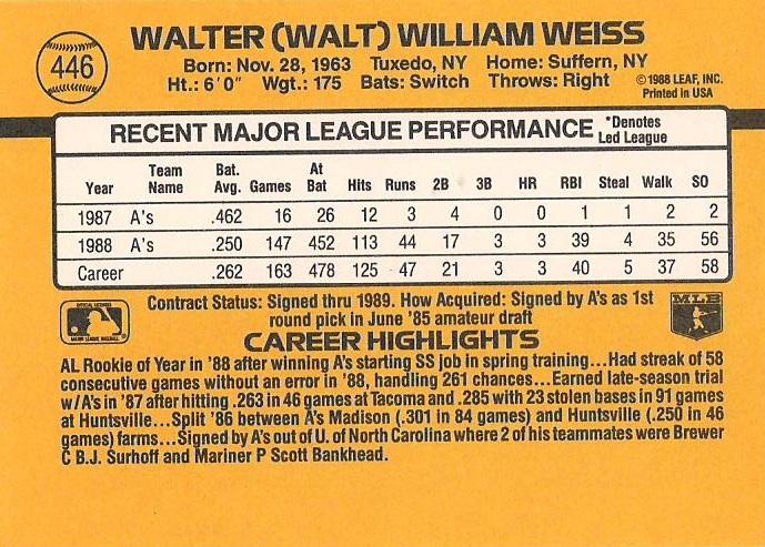Walt Weiss  baseball card collectible - Main Image 2