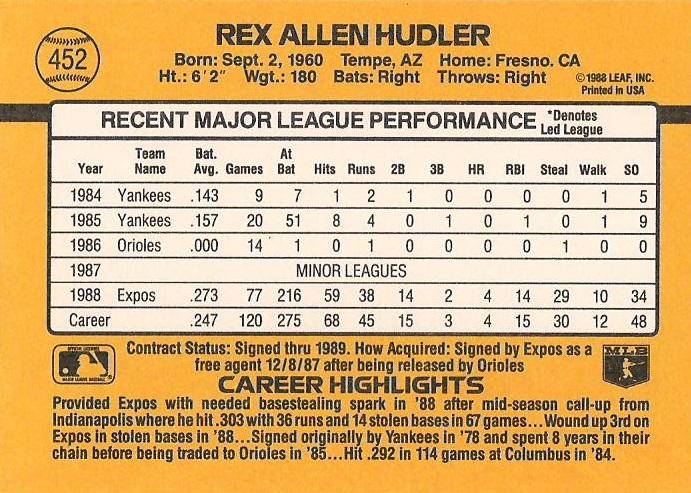 Rex Hudler  baseball card collectible - Main Image 2