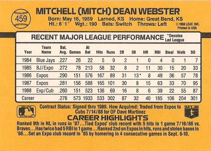 Mitch Webster  baseball card collectible - Main Image 2