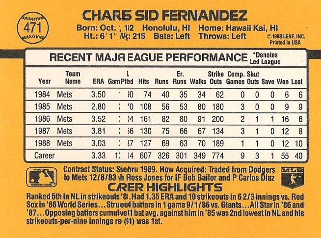 Sid Fernandez  baseball card collectible - Main Image 2