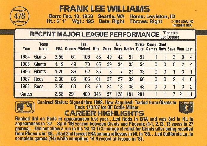 Frank Williams  baseball card collectible - Main Image 2