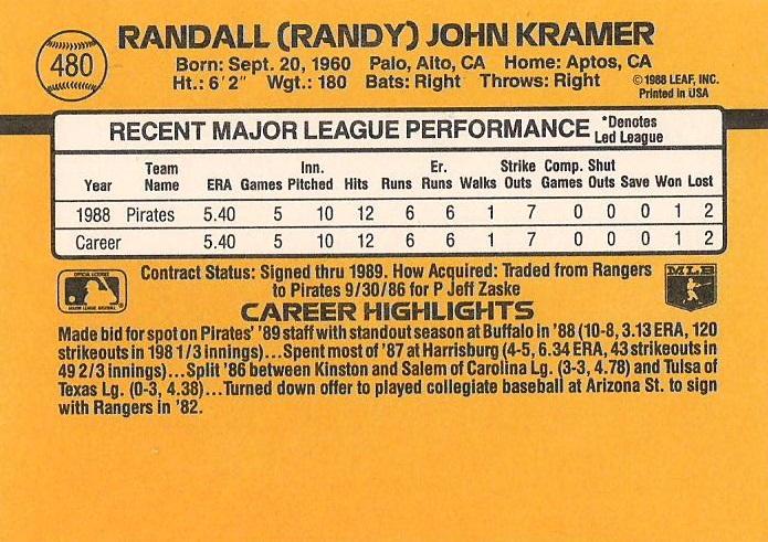 Randy Kramer  baseball card collectible - Main Image 2