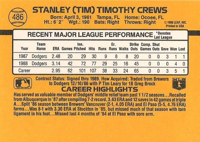 Tim Crews  baseball card collectible - Main Image 2