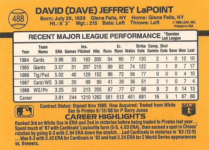 Dave LaPoint  baseball card collectible - Main Image 2