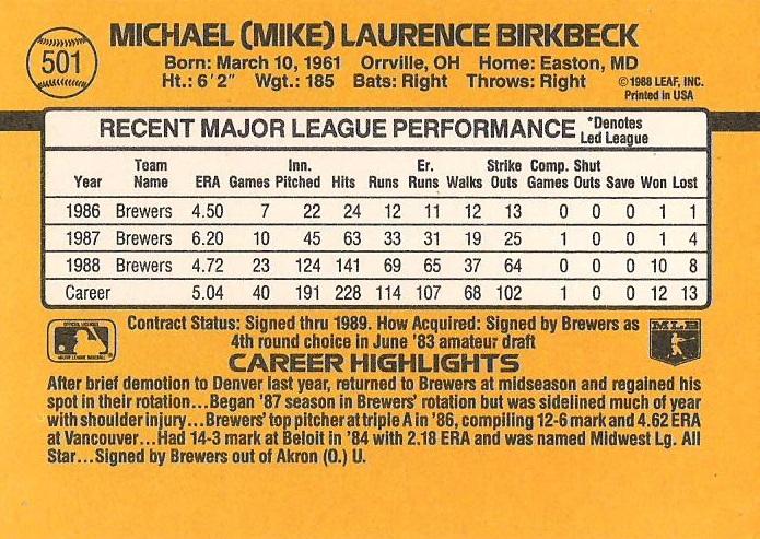 Mike Birkbeck  baseball card collectible - Main Image 2