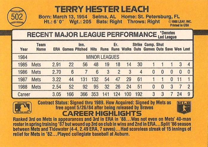 Terry Leach  baseball card collectible - Main Image 2