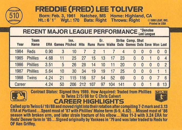 Fred Toliver  baseball card collectible - Main Image 2