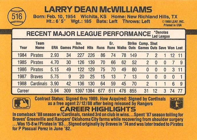 Larry McWilliams  baseball card collectible - Main Image 2