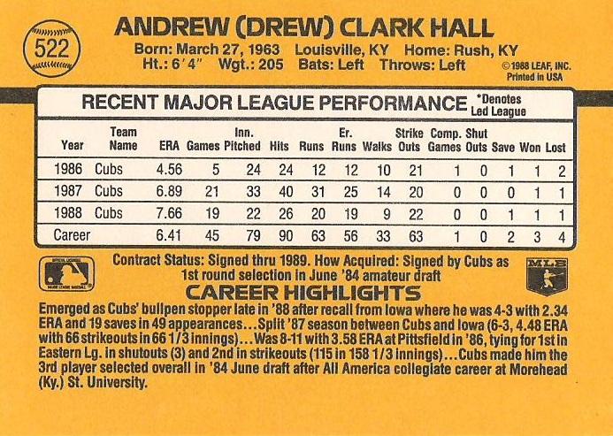 Drew Hall  baseball card collectible - Main Image 2
