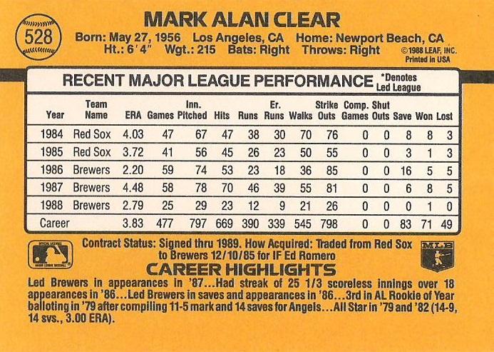 Mark Clear  baseball card collectible - Main Image 2