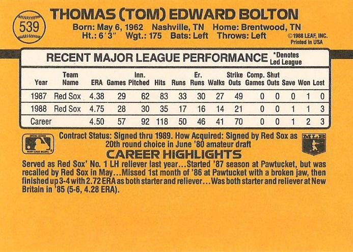 Tom Bolton  baseball card collectible - Main Image 2