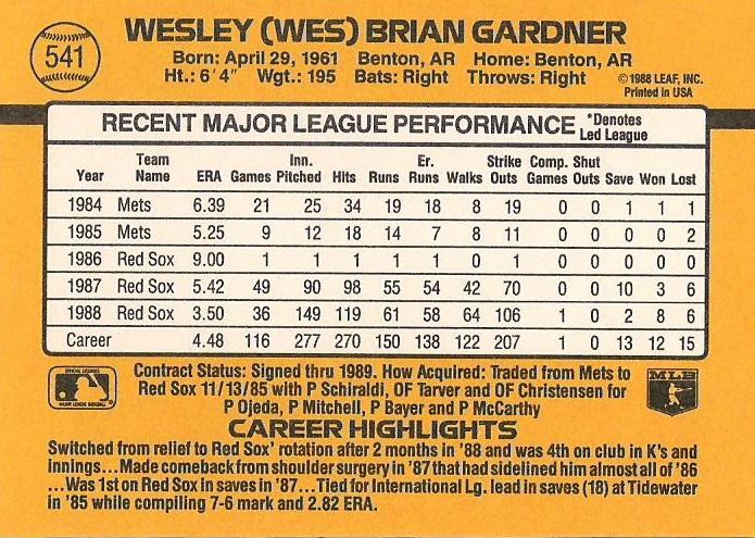 Wes Gardner  baseball card collectible - Main Image 2