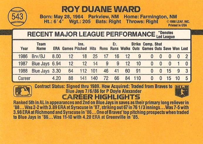 Duane Ward  baseball card collectible - Main Image 2