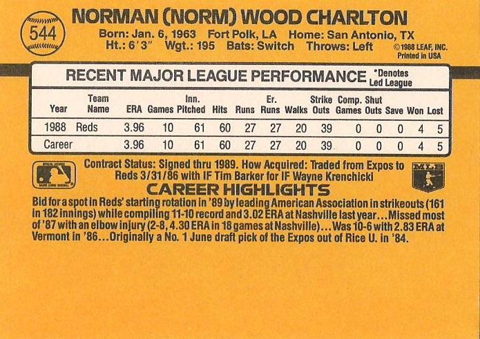 Norm Charlton  baseball card collectible - Main Image 2