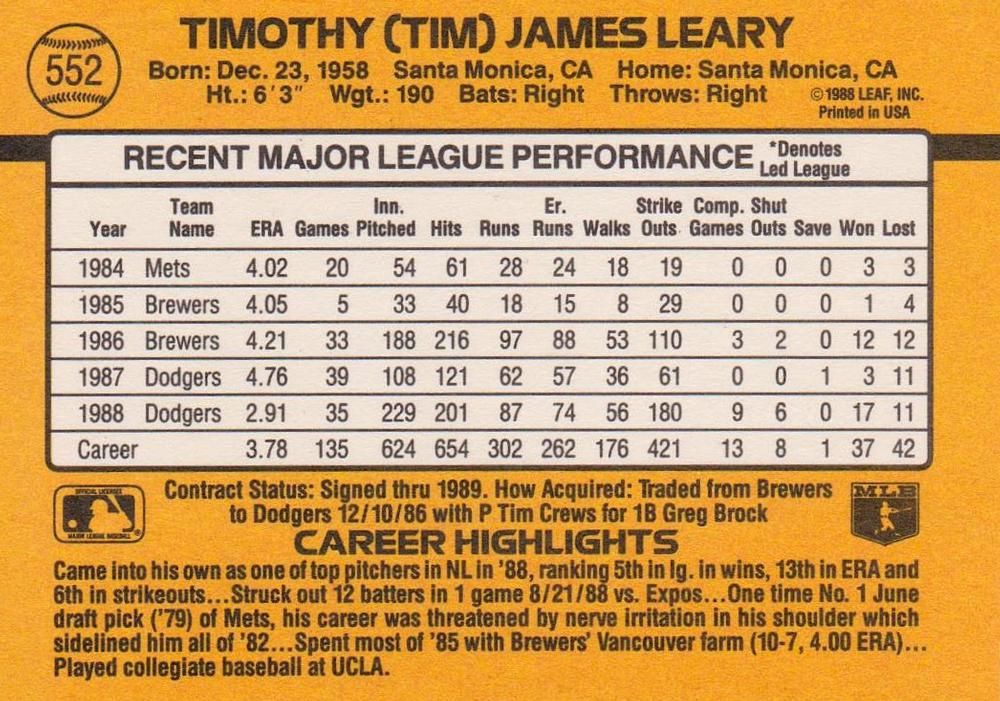 Tim Leary  baseball card collectible - Main Image 2